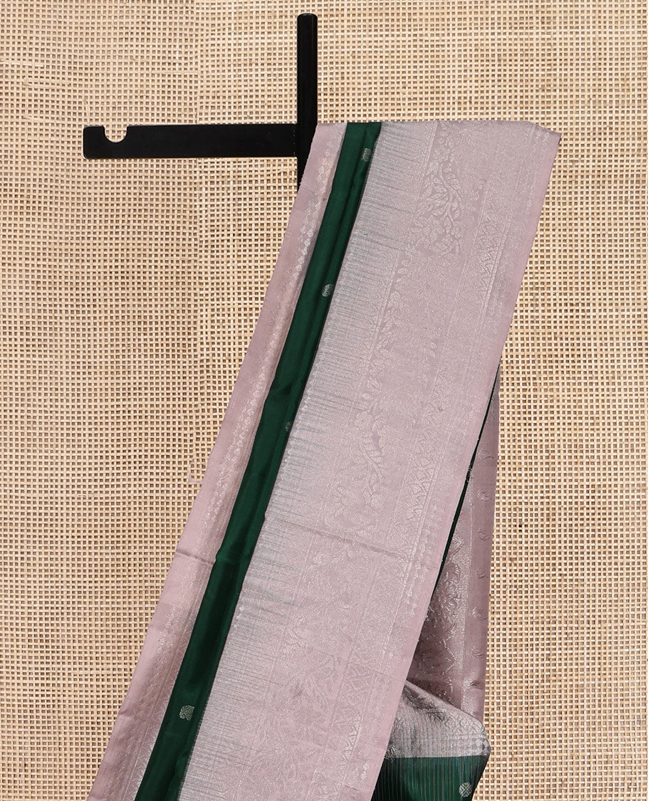 Green Mayuri Soft Silk Saree, Woven with Manga and Rudraksham Buttas, Complemented by a Contrast Border, Sparsely Woven Pallu, and a Contrast Blouse