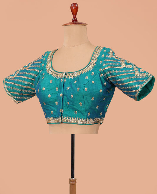 Peacock blue intricately thread embroidered front-back round neck elbow sleeve blouse