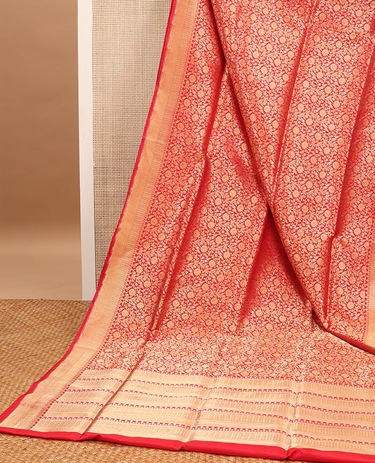 Red floral jacquard banaras silk saree with self zari design border & intricate zari design pallu