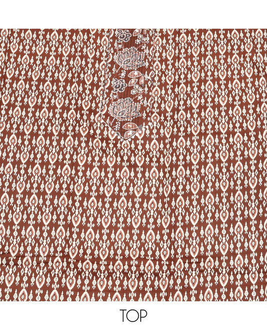 Dark Brown Material Chudidar Set, Adorned with Intricate Designs and Thread Work Cotton Top, a Floral Printed Cotton Bottom, and Paired with an Intricately Printed Cotton Dupatta