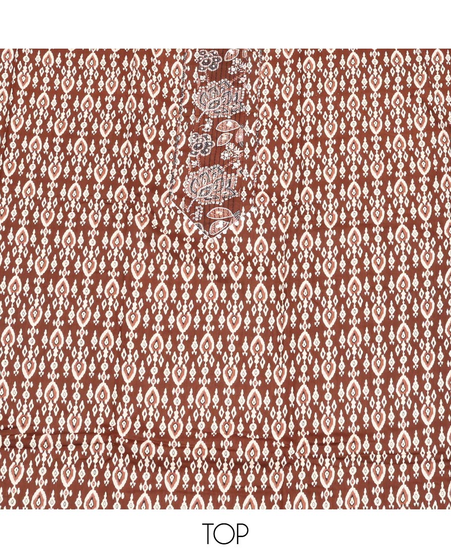 Dark Brown Material Chudidar Set, Adorned with Intricate Designs and Thread Work Cotton Top, a Floral Printed Cotton Bottom, and Paired with an Intricately Printed Cotton Dupatta