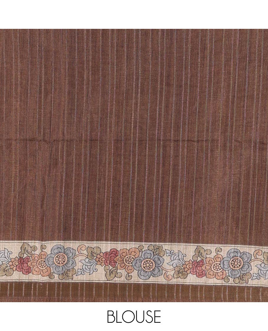 Brown kalamkari human figurines printed fancy tussar saree, floral printed border, human figurines printed pallu, and a matching blouse