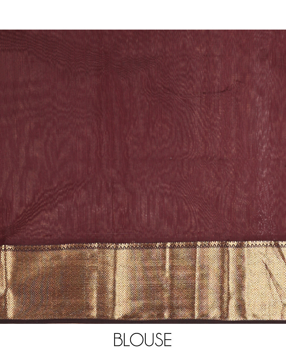 Beige Maheshwari Cotton Saree, Woven with Buttas, Complemented by a Contrast Traditional Zari Border, Zari Buttas Pallu, and a Contrast Blouse