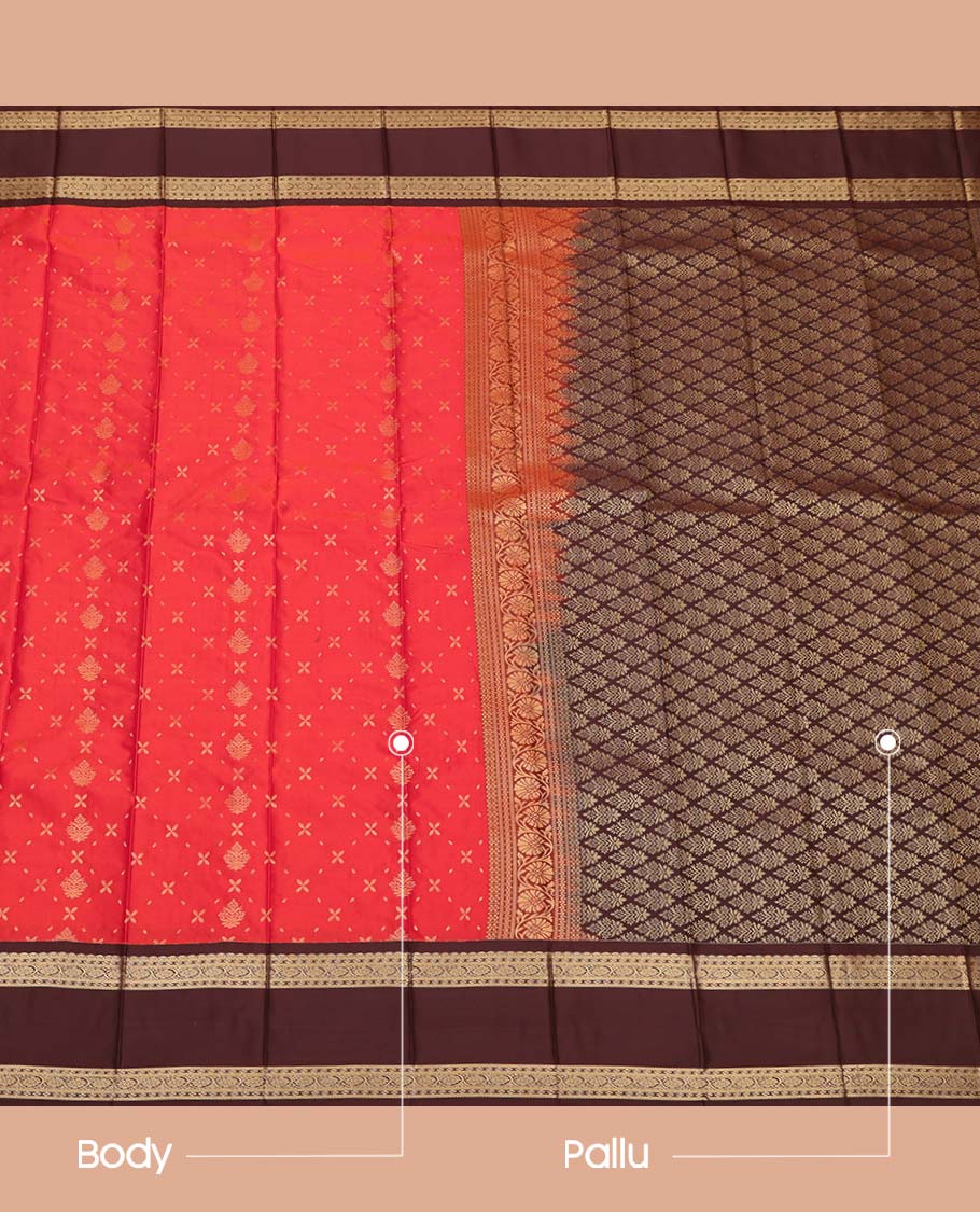 Red Budget Silk Saree, Elevated with Zari Buttas All Over Its Body, Complemented by a Contrast Traditional Zari Design Border, Grand Jaal Pallu, and Paired with a Contrast Blouse