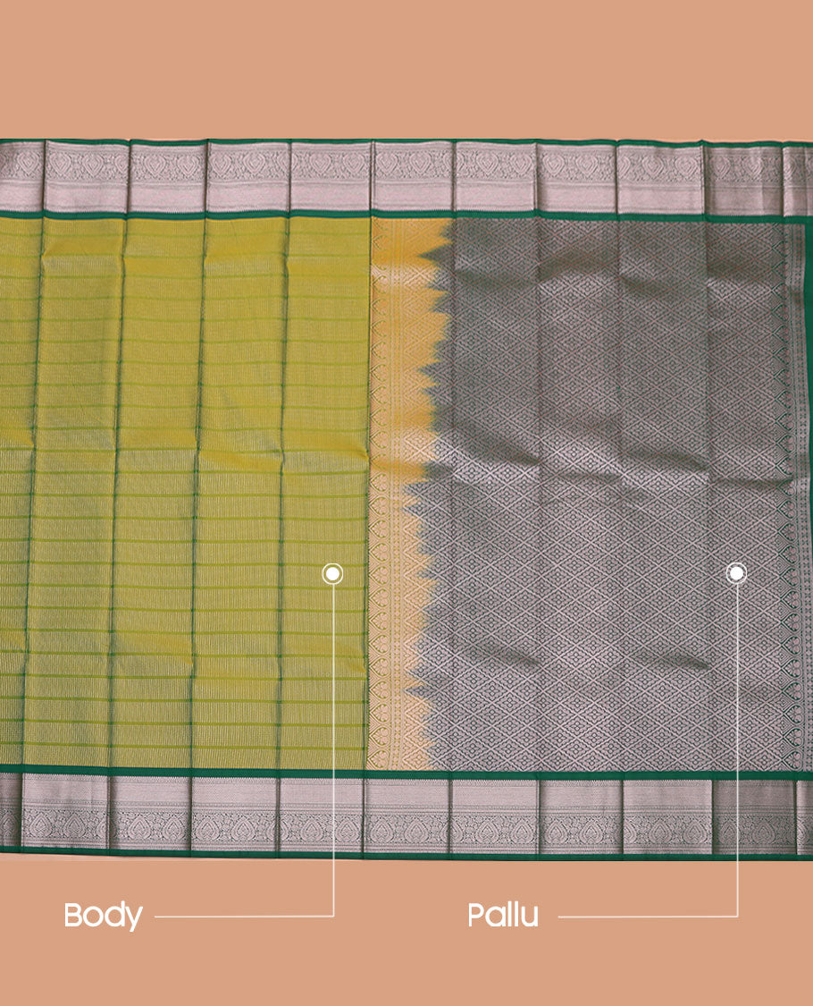 Green Budget Silk Saree, Embellished with Micro-Buttas on Its Body, Complemented by a Contrast Traditional Zari Design Border, Grand Jaal Pallu, and Paired with a Contrast Blouse
