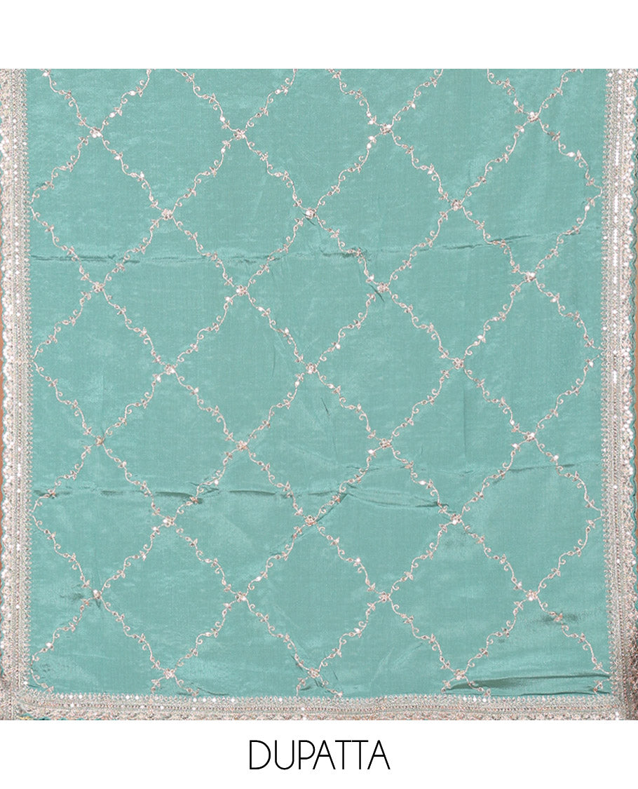 Light Rama Green Chudidar Set Artfully Detailed with Floral Jaal Jacquard Design and Embroidered Viscose Chinon Unstitched Top, Readymade Free Size Chinon Sharara Pants, and a Chinon Embroidered Scallop-Bordered Dupatta