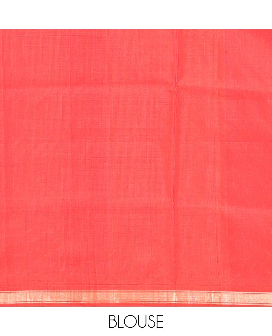 Red Mayuri Soft Silk Saree, Gleamed Up with Zari Buttas All Over Its Body, Subtle Zari Piping Border, Pallu of Geometric Designs, and Paired with a Matching Blouse