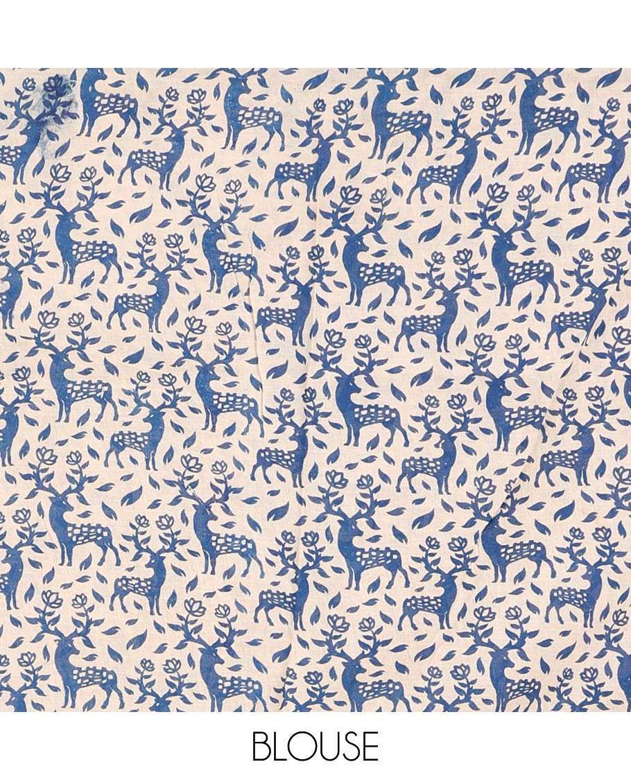 Blue Machine-Printed Kalamkari Cotton Saree Features Floral Vine Design, a Floral Printed Border, Pallu of Musical Instruments, and a Matching Blouse
