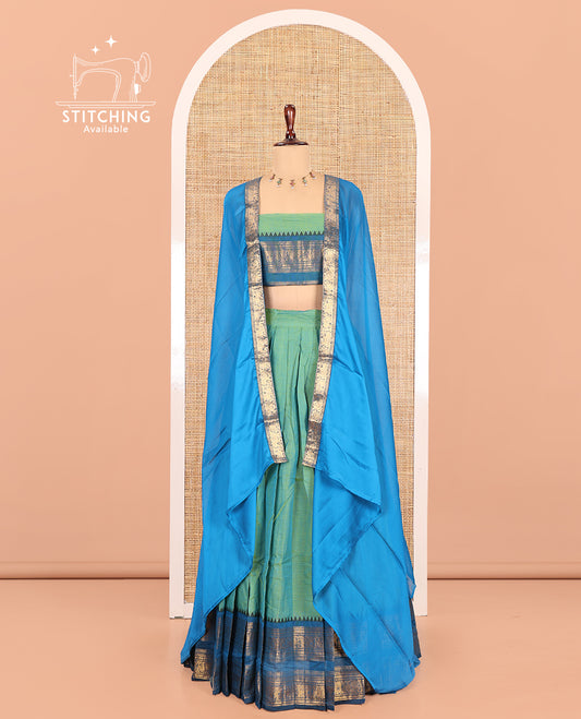 Light Rama Green-Sea Blue Chettinad Cotton Half-Saree, Plain Contrast Traditional Zari-Bordered Skirt, Matching Blouse, and a Contrast Dhavani