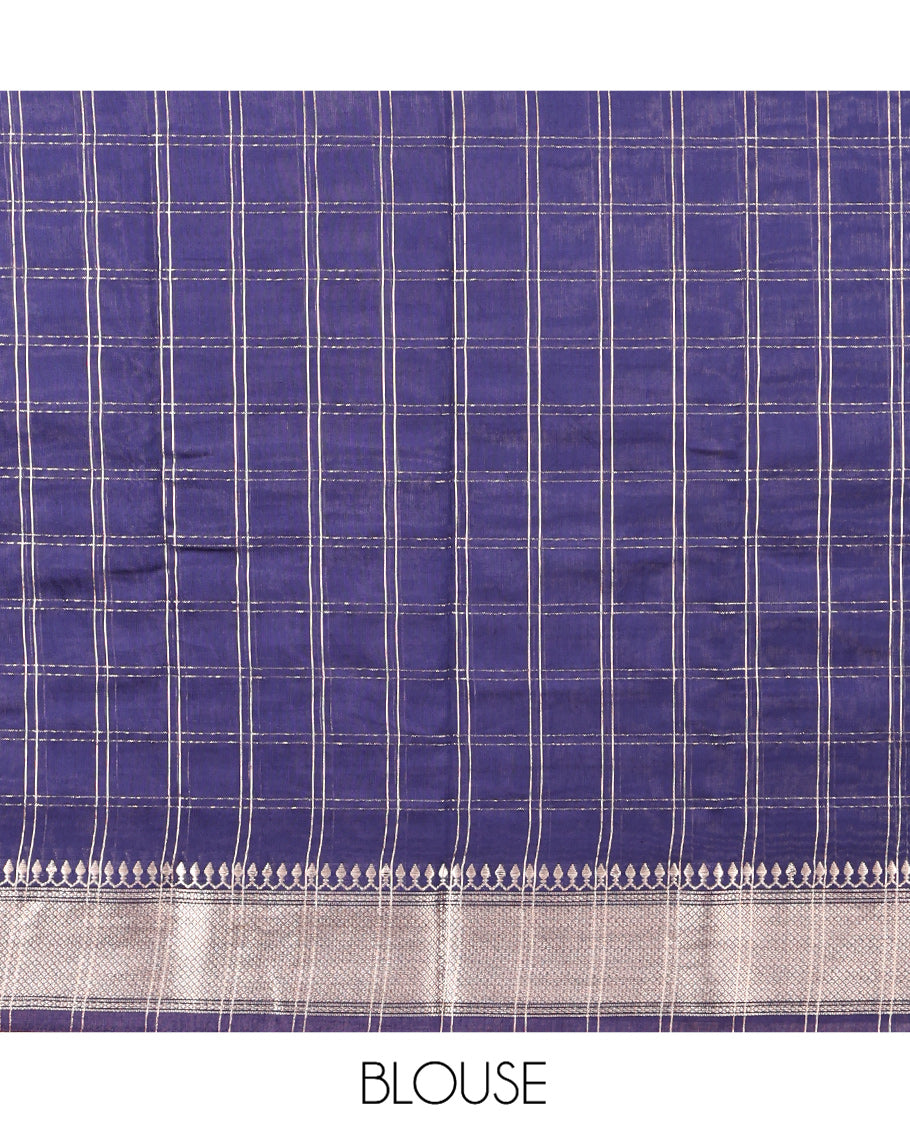 Blue Assam Silk Saree, Elevated with Zari Checks, Highlighted by a Traditional Zari Border, Zari Striped Pallu, and a Matching Blouse