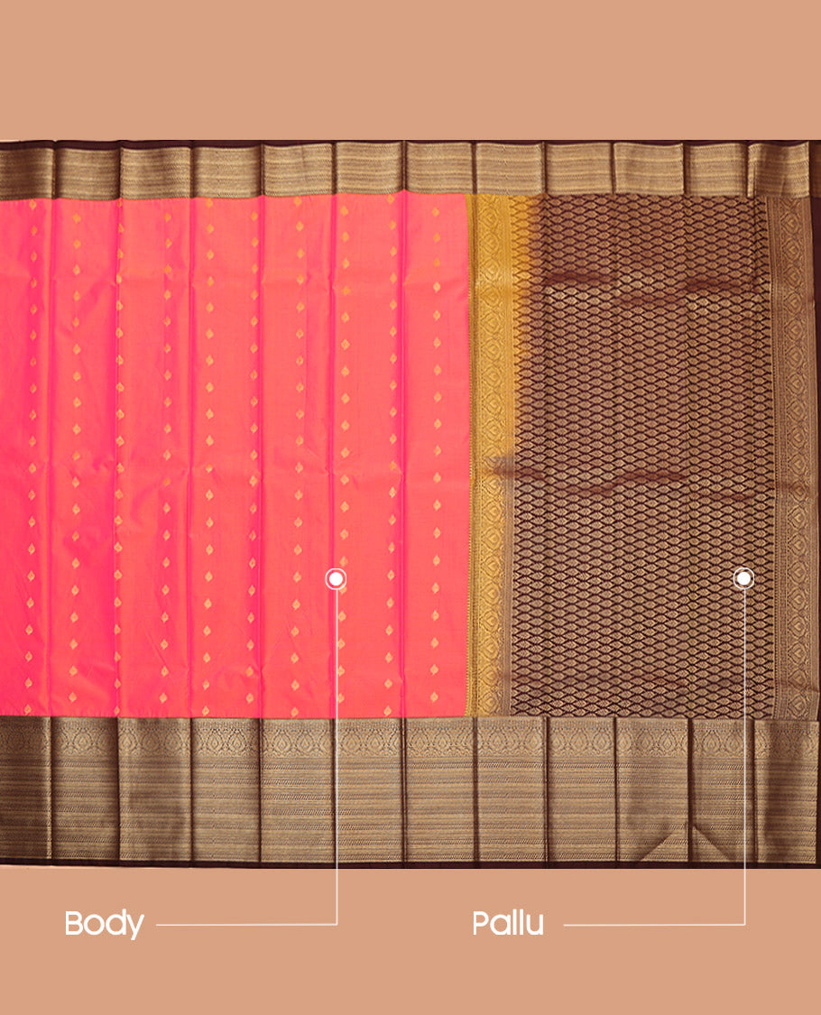 Pink-Orange Budget Silk Saree, Graced with Zari Buttas, Complemented by a Contrast Traditional Zari Border, Grand Pallu, and a Contrast Blouse