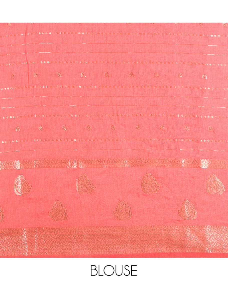 Onion Pink Assam Silk Saree, Enriched with Zari Designs, a Traditional Zari Border, Striped Pallu, and a Matching Blouse