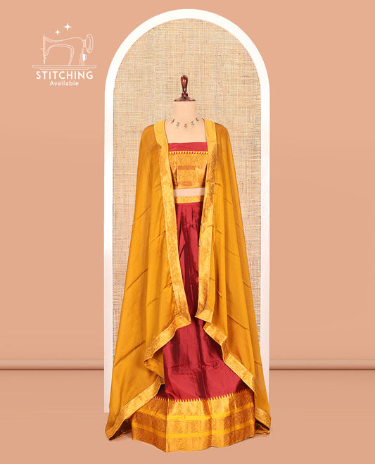 Red-Yellow Semi-Banarasi Half-Saree Features Plain Skirt, Contrast Floral Creeper Zari Border, Matching Blouse, Contrast Dhavani