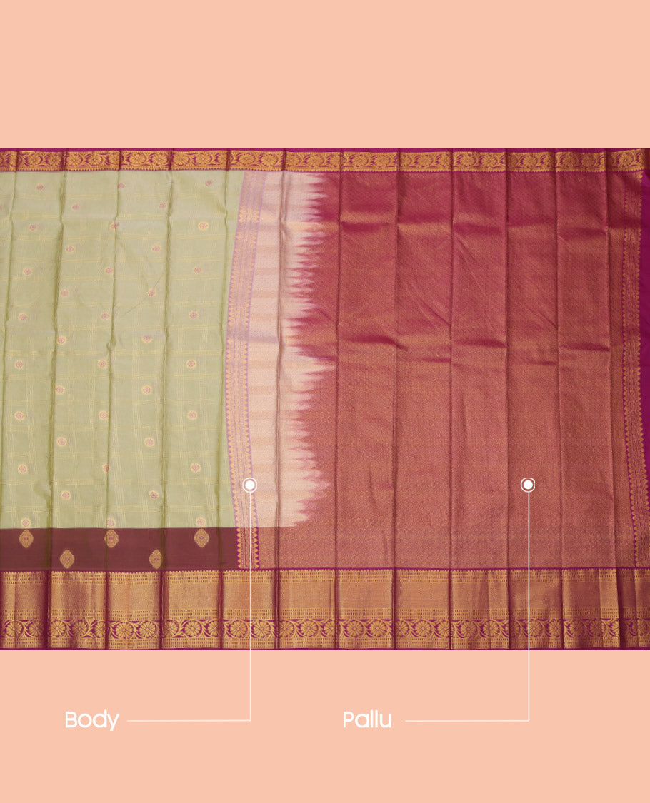 Green Budget Silk Saree, Graced with Zari Butta Enclosed Checks, Complemented by a Contrast Traditional Zari Border, Grand Jaal Pallu, and Contrast Blouse