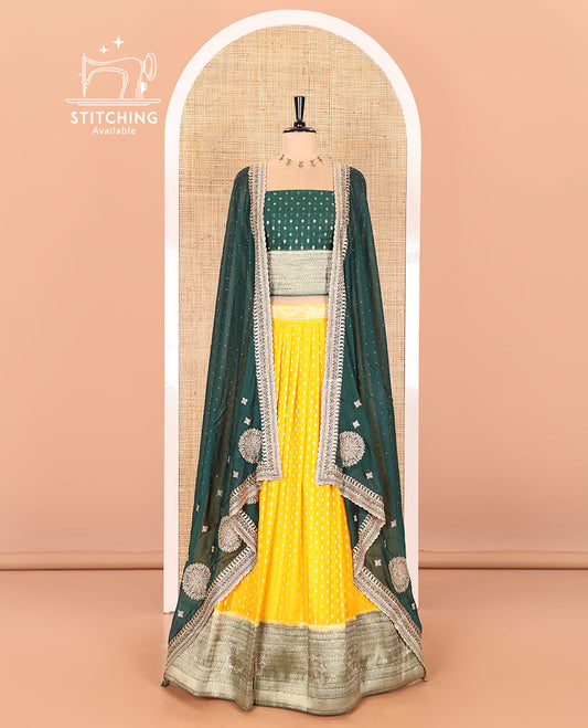 Yellow Buttas Embroidered Half-Saree with Contrast Traditional Motifs, Embroidered Viscose Georgette Border, Contrast Blouse, Intricately Embroidered Syska Georgette Dhavani, and a Embroidered Belt