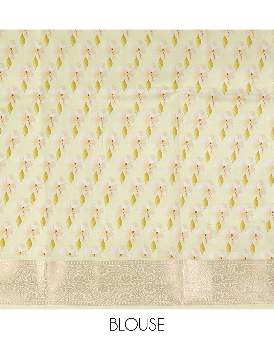 Yellow floral printed dupion silk saree with self floral zari design border & intricate zari design pallu