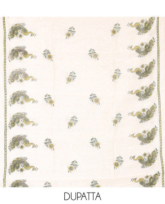 Green Material Chudidhar Set, Adorned with Ikkat Weave and Neck Peacock Patchwork Handloom Cotton Top, Cotton Plain Bottom, and Contrast Chanderi Silk Peacock Printed Dupatta