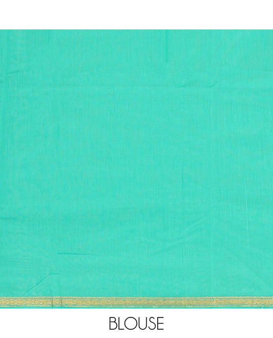 Green Maheshwari Cotton Saree, Elevated with Flower Buttas All Over Its Body, Subtly Woven Piping Border, Captivating Contrast Pallu Steeped with Buttas, and Paired with a Contrast Blouse