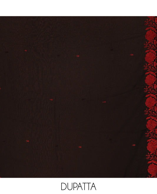 Black and Red Material Chudidhar Set, Accentuated with Floral Thread Embroidered Fox Georgette Top, Plain Santoon Bottom, and Fox Georgette Scallop Dupatta with Floral Thread Embroidery