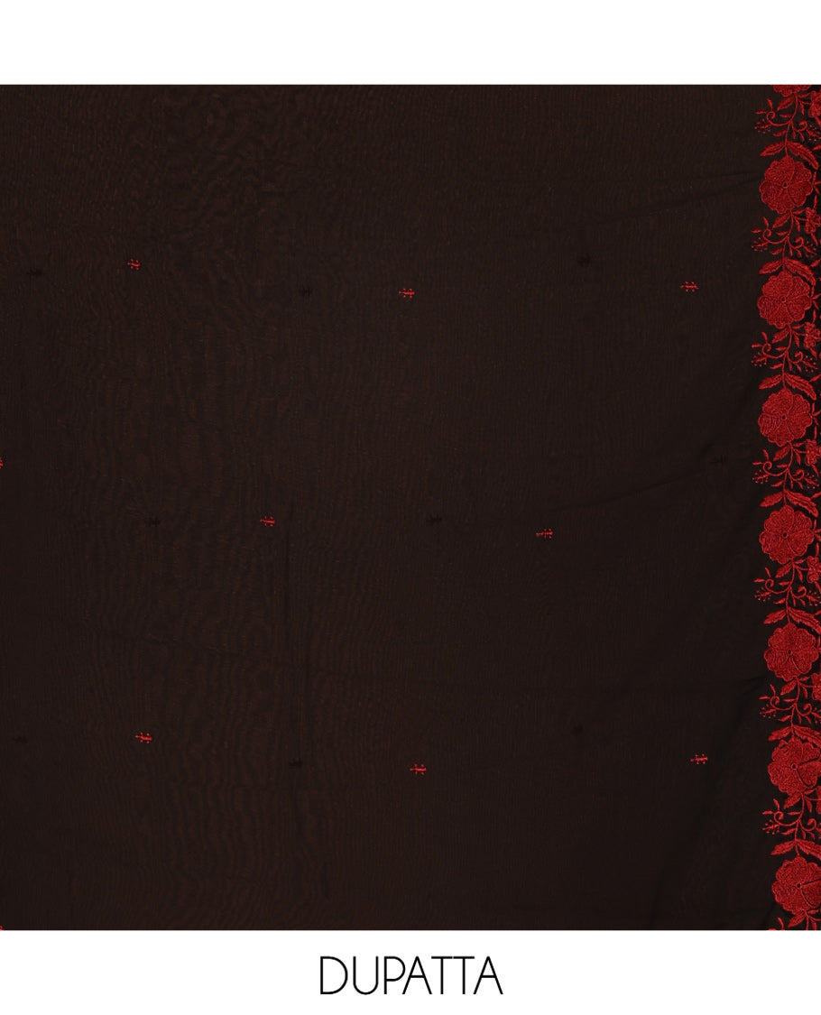 Black and Red Material Chudidhar Set, Accentuated with Floral Thread Embroidered Fox Georgette Top, Plain Santoon Bottom, and Fox Georgette Scallop Dupatta with Floral Thread Embroidery