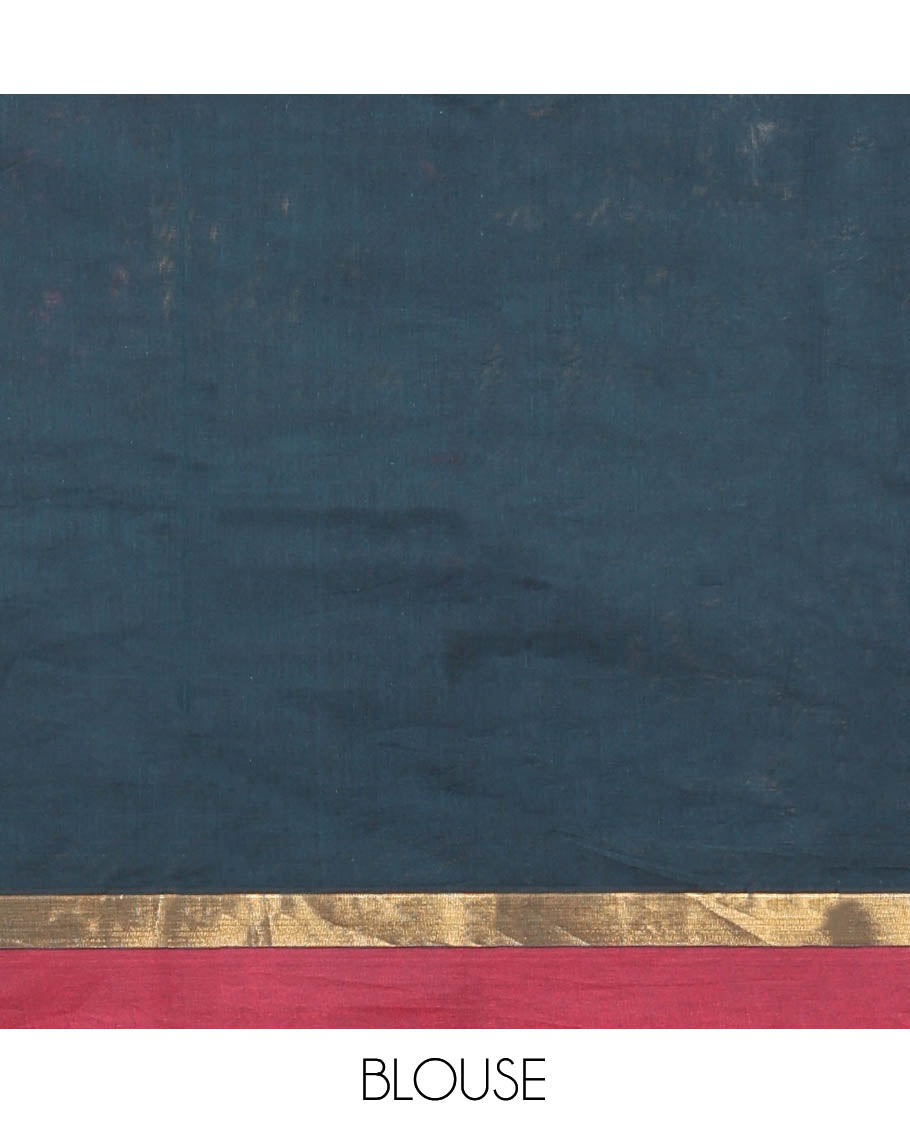 Teal Blue Kanchi Cotton Saree, Elevated with Thread Buttas On Its Body, Complemented by a Contrast Border, Floral-Design Pallu, and a Matching Blouse