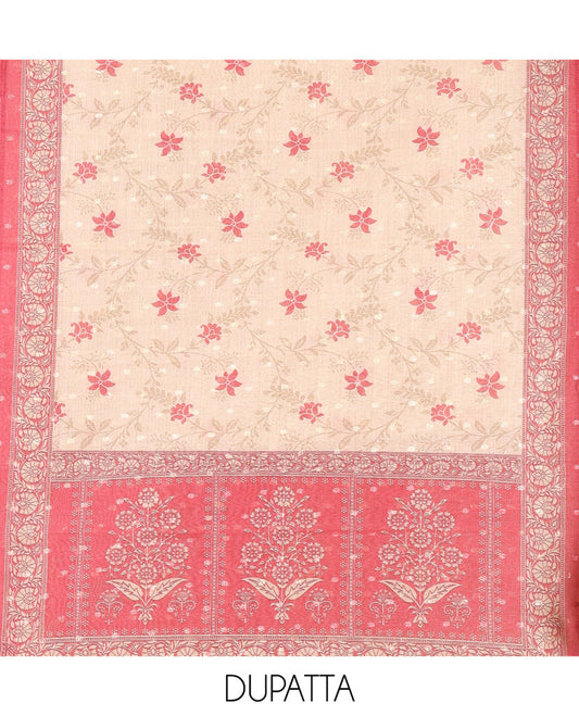Gajri Chanderi Tissue Material Chudiddar, Buttas Neckwork Top, Plain Bottom, Contrast Floral Dupatta