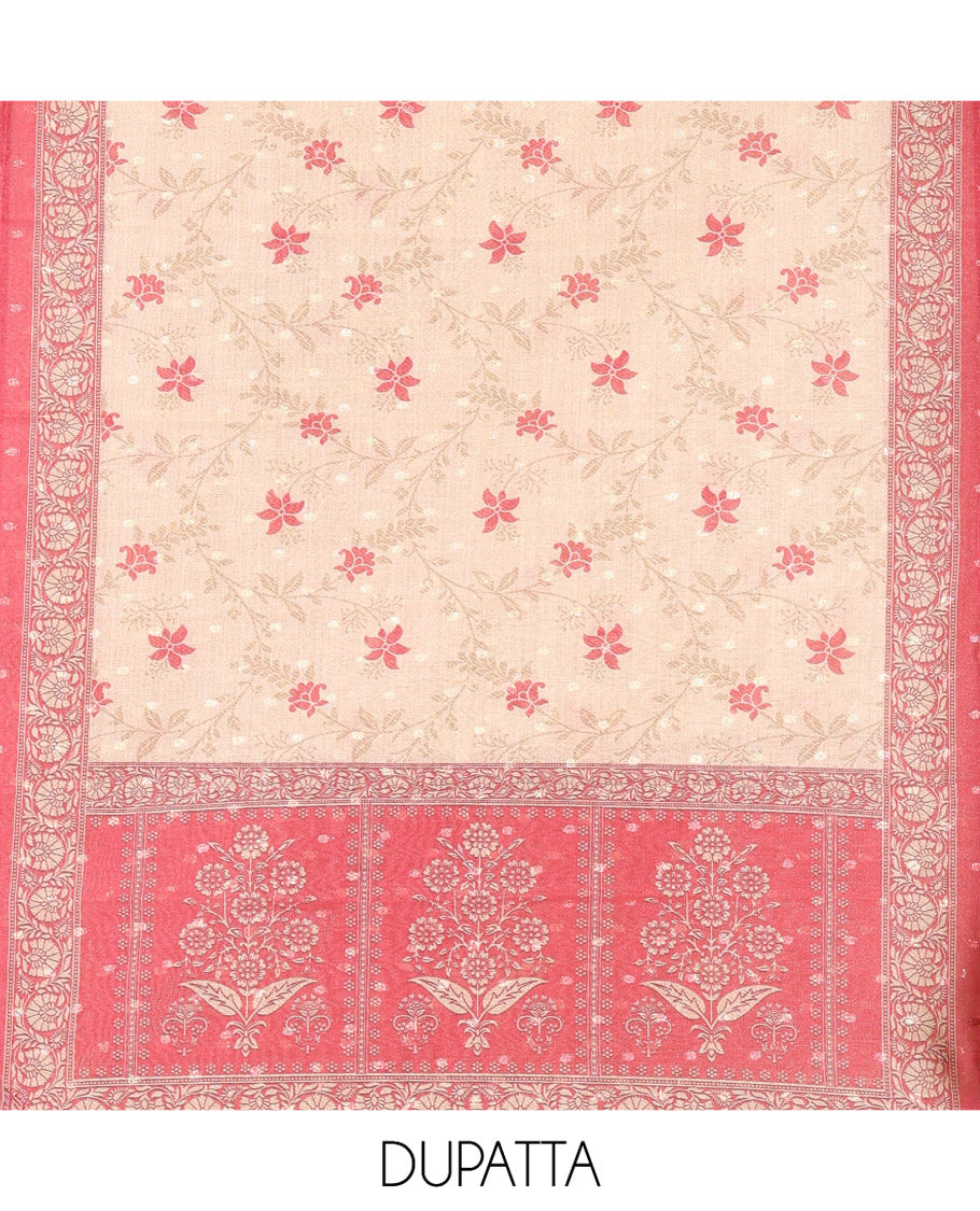 Gajri Chanderi Tissue Material Chudiddar, Buttas Neckwork Top, Plain Bottom, Contrast Floral Dupatta
