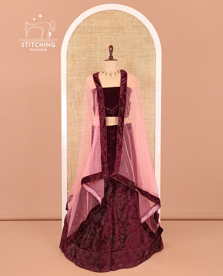 Maroon Velvet Half-Saree Features Swarovski Stonework Skirt, Matching Stonework Blouse, Contrast Net Dhavani
