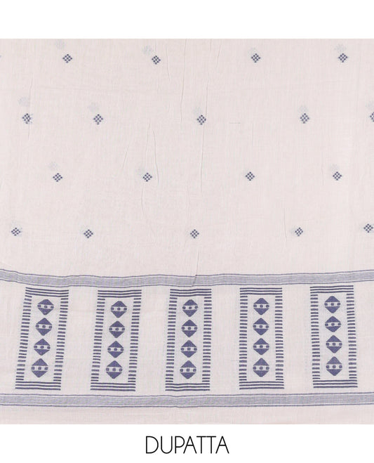 Silver Mul Cotton Material Chudidar Features Jamdani-Style Top, Striped Bottom, a Jamdani Dupatta