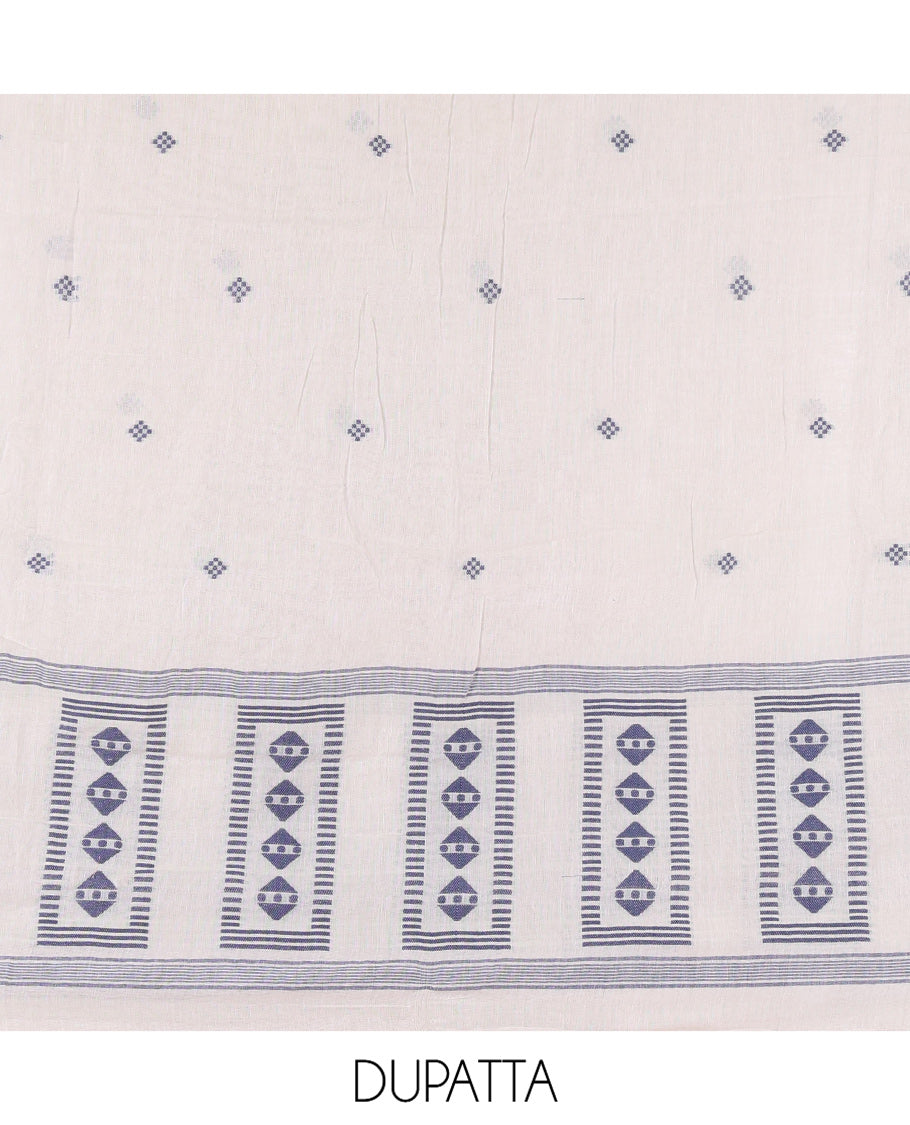 Silver Mul Cotton Material Chudidar Features Jamdani-Style Top, Striped Bottom, a Jamdani Dupatta