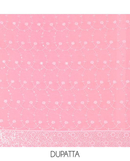 Pink Material Chudidar Set Features Sequin Embroidered Georgette Top, a Plain American Crepe Bottom, and a Scallop Dupatta Embellished with Floral Vine Embroidery