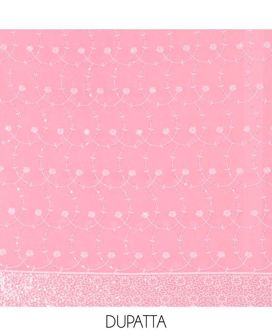 Pink Material Chudidar Set Features Sequin Embroidered Georgette Top, a Plain American Crepe Bottom, and a Scallop Dupatta Embellished with Floral Vine Embroidery