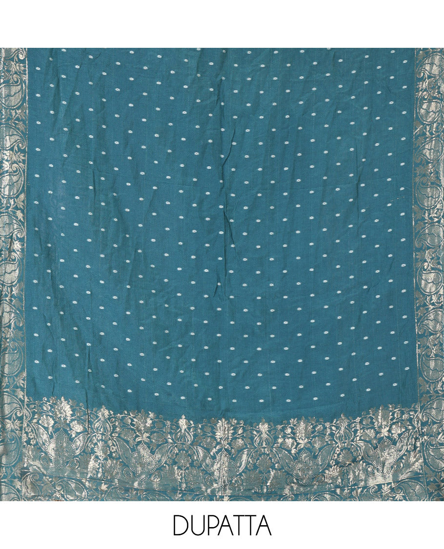 Rama Green Mul Chanderi Material Chudidar Set, Subtly Printed with Bandhani-Style Printed Top, a Plain Santoon Bottom, and Paired with a Matching Mul Chanderi Bandhani-Dotted and Zari-Woven Dupatta