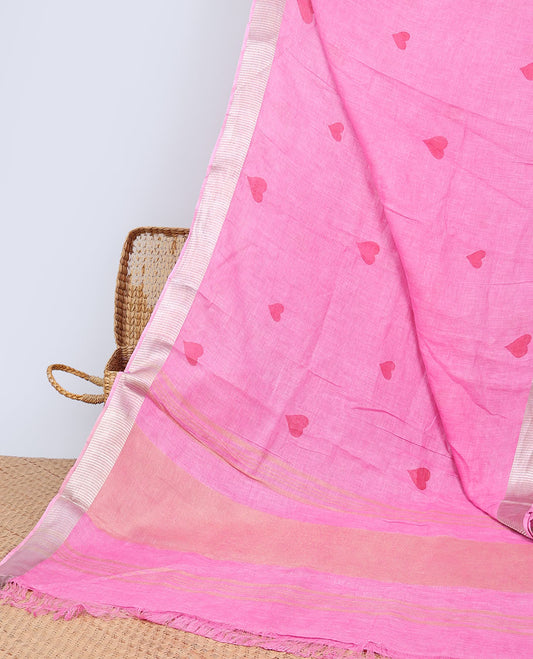 Pink heart motifs linen saree  with self zari border & striped zari pallu