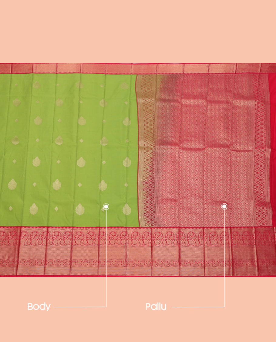 Parrot Green Budget Silk Saree, Elevated with Zari Buttas, Complemented by a Contrast Traditional Zari Border, Grand Pallu, and a Contrast Blouse