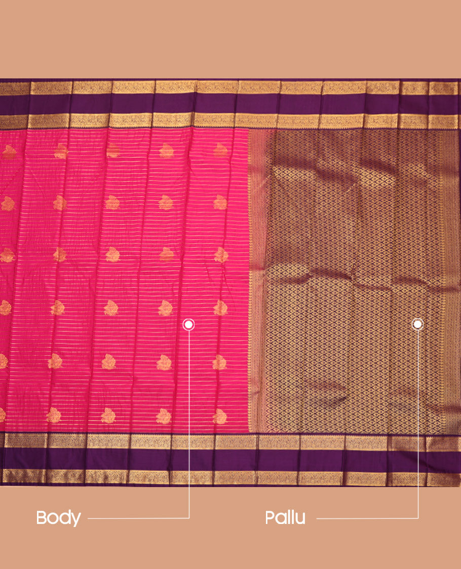Pink Budget Silk Saree, Elevated with Zari Buttas and Stripes, Complemented by Contrast Traditional Zari Rettai Pettu Border, Jaal Pallu, and a Contrast Blouse