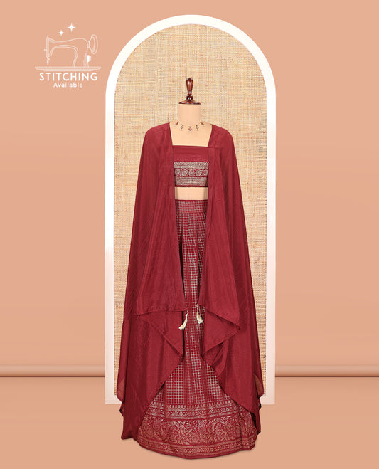 Maroon Vichitra Silk Half Saree with Zari Checks, a Traditional Zari Border, Matching Blouse and a Dhavani