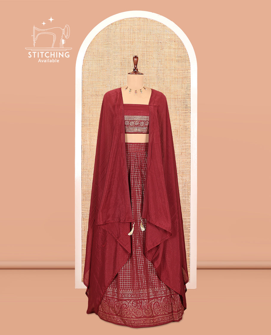 Maroon Vichitra Silk Half Saree with Zari Checks, a Traditional Zari Border, Matching Blouse and a Dhavani