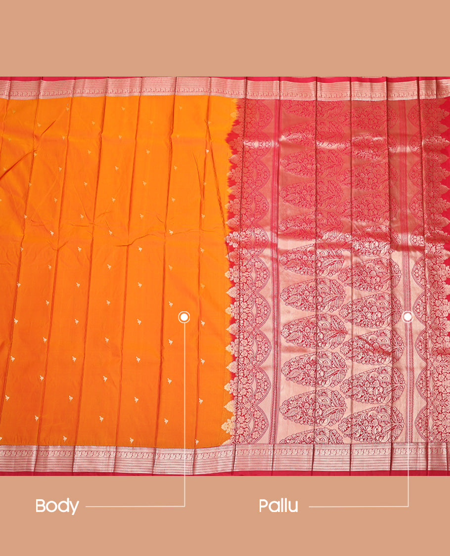 Orange Budget Silk Saree, Graced with Zari Buttas All Over Its Body, Complemented by a Contrast Traditional Zari Design Border, Intricately Designed Pallu, and Paired with a Contrast Blouse