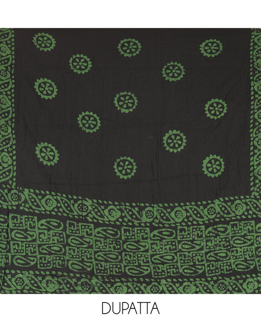 Black-Green Cotton Material Churidar Set, Paisley Batik Printed Top, a Matching Bottom, a Batik Printed Dupatta