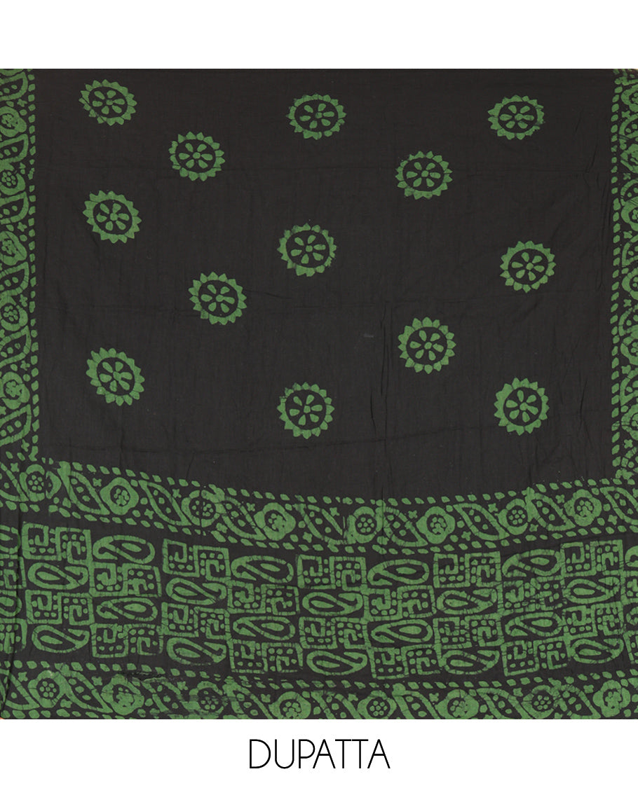 Black-Green Cotton Material Churidar Set, Paisley Batik Printed Top, a Matching Bottom, a Batik Printed Dupatta