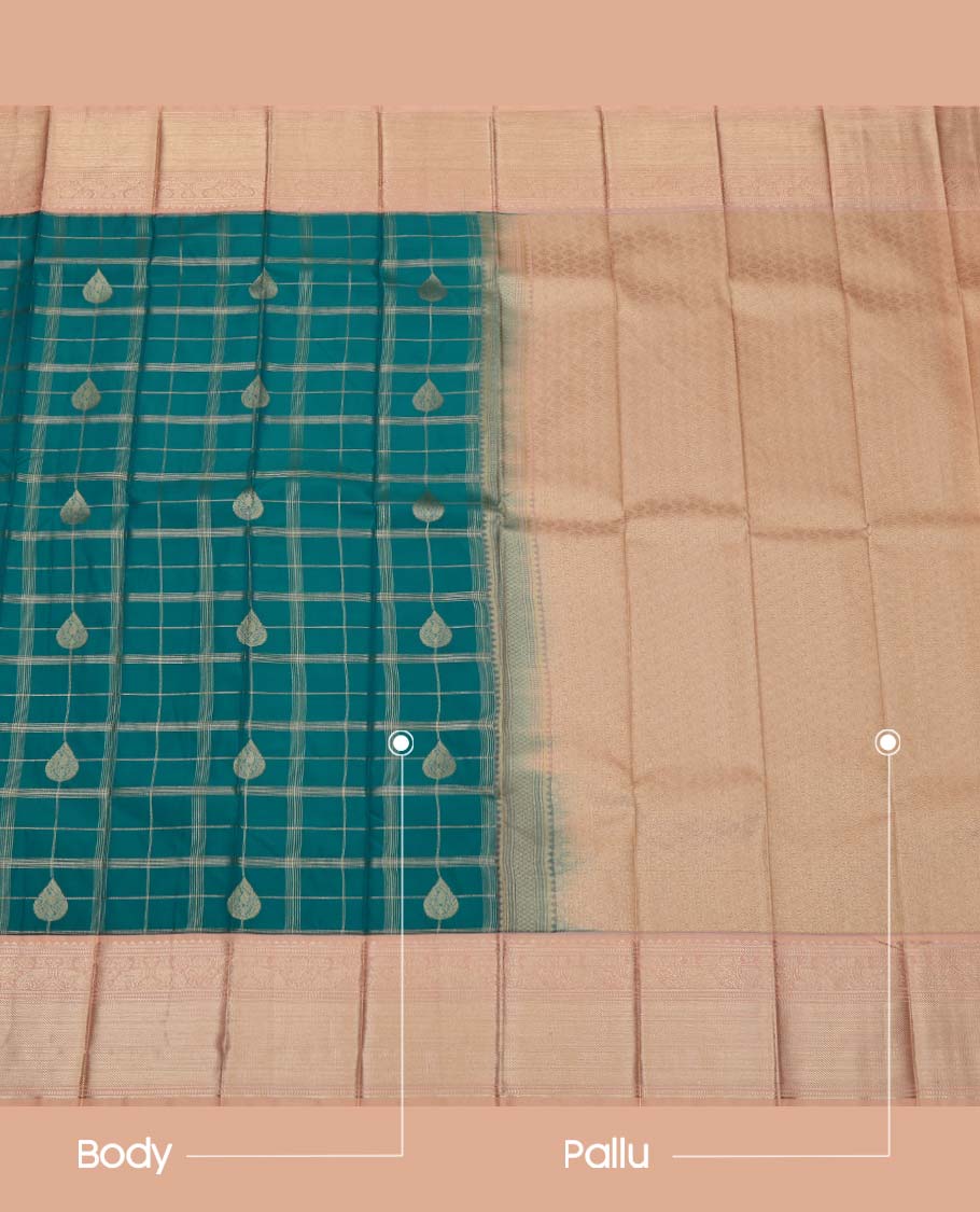 Blue Budget Silk Saree, Woven with Butta Enclosed Checks, Complemented by a Contrast Traditional Zari Design Border, Grand Jaal Pallu, and Paired with a Contrast Blouse