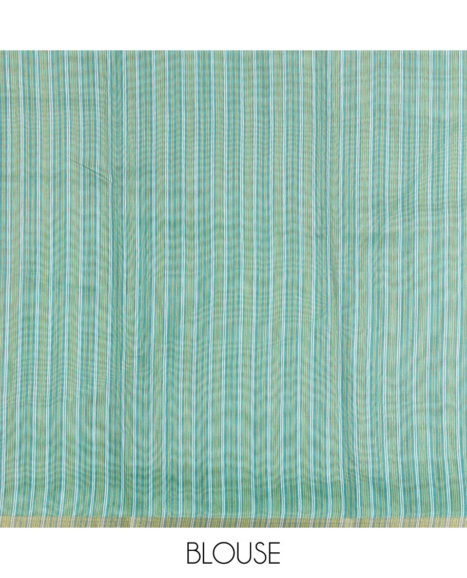 Parrot green small buttas printed Linen cotton saree, contrast double-sided temple border, striped pallu, and vertically striped blouse