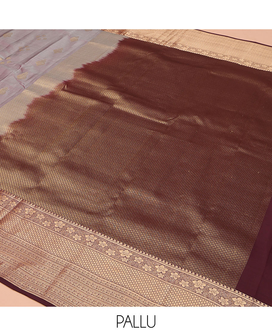 Grey Vasundhara Lite Silk Mix Saree, Elevated with a Zari Buttas on Its Body, Complemented by a Contrast Border of Manga, Jaal, Muthu, and Kodi Visiry Designs, Pallu of Jaal Designs, and Paired with a Contrast Blouse
