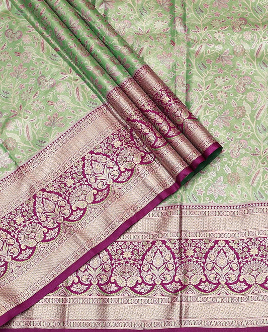 Green Art Silk Material Half Saree Set, Accentuated with Jacquard Design Skirt, a Contrast Meenakari Border, Contrast Blouse, and an Intricately Designed Dhavani