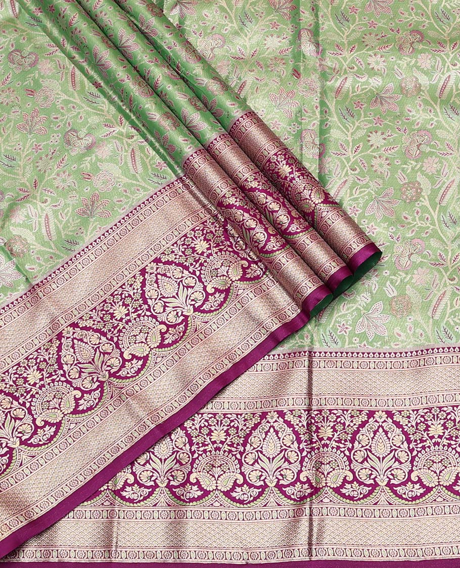Green Art Silk Material Half Saree Set, Accentuated with Jacquard Design Skirt, a Contrast Meenakari Border, Contrast Blouse, and an Intricately Designed Dhavani