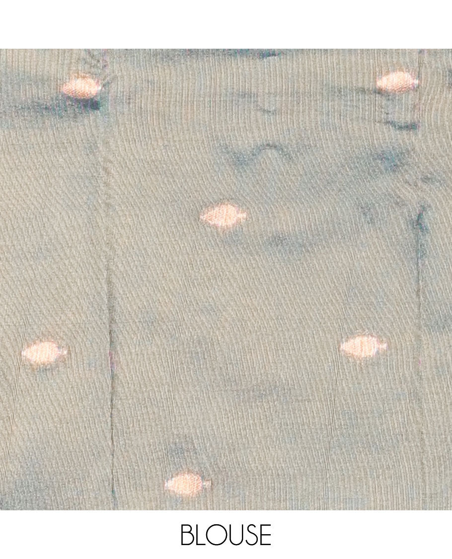 Olive green small leaf design, copper zari tissue silk saree with temple border & rich pallu along with butta design blouse