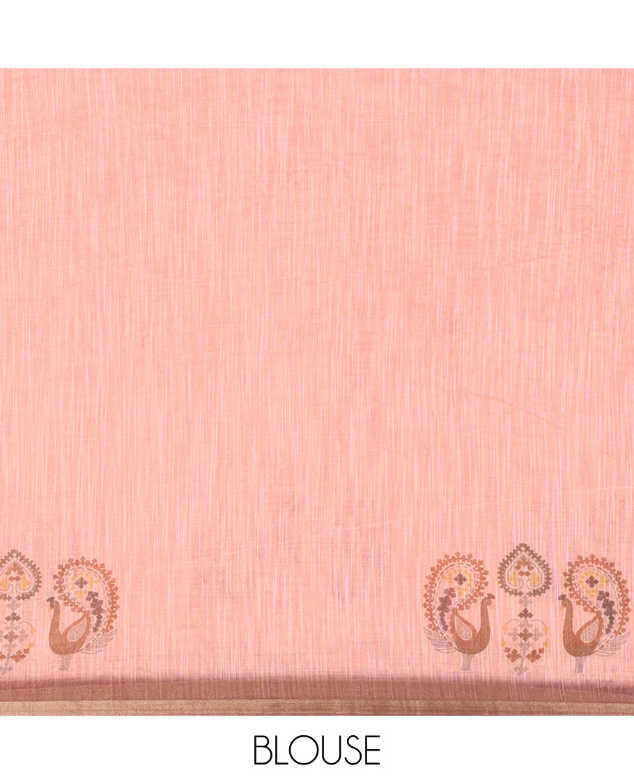 Orange buttas with mirror work linen saree, zari border with peacock motifs print, printed mirror work pallu, and matching blouse