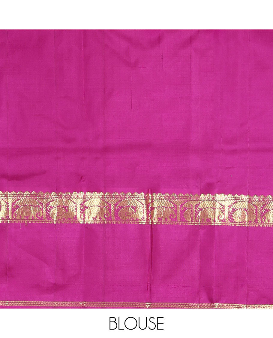 Royal Blue Plain Kanchipuram Silk Saree, a Contrast Rettai Pettu Border of Thazampoo Rekku, Banaras, Neli, Mayil, and Yaanai Designs , Zari Design Pallu, and a Contrast Blouse