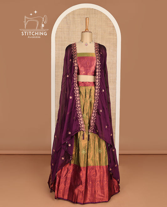 Green buttas embroidery half saree with contrast zari design border, zari design blouse & floral embroidery scallop border dhavani